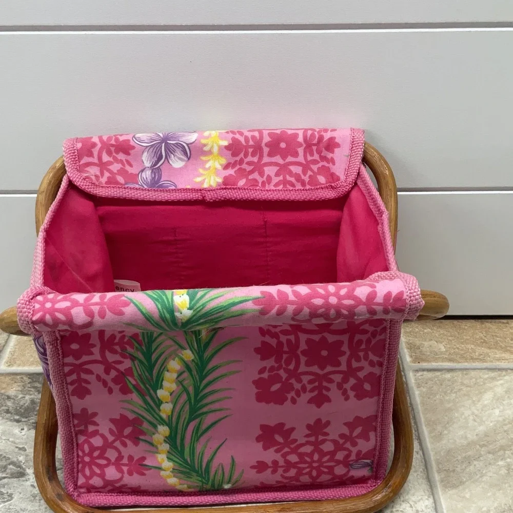 Regency Creations Pink Hawaiian Floral Folding Fabric Basket Wood Frame Storage
